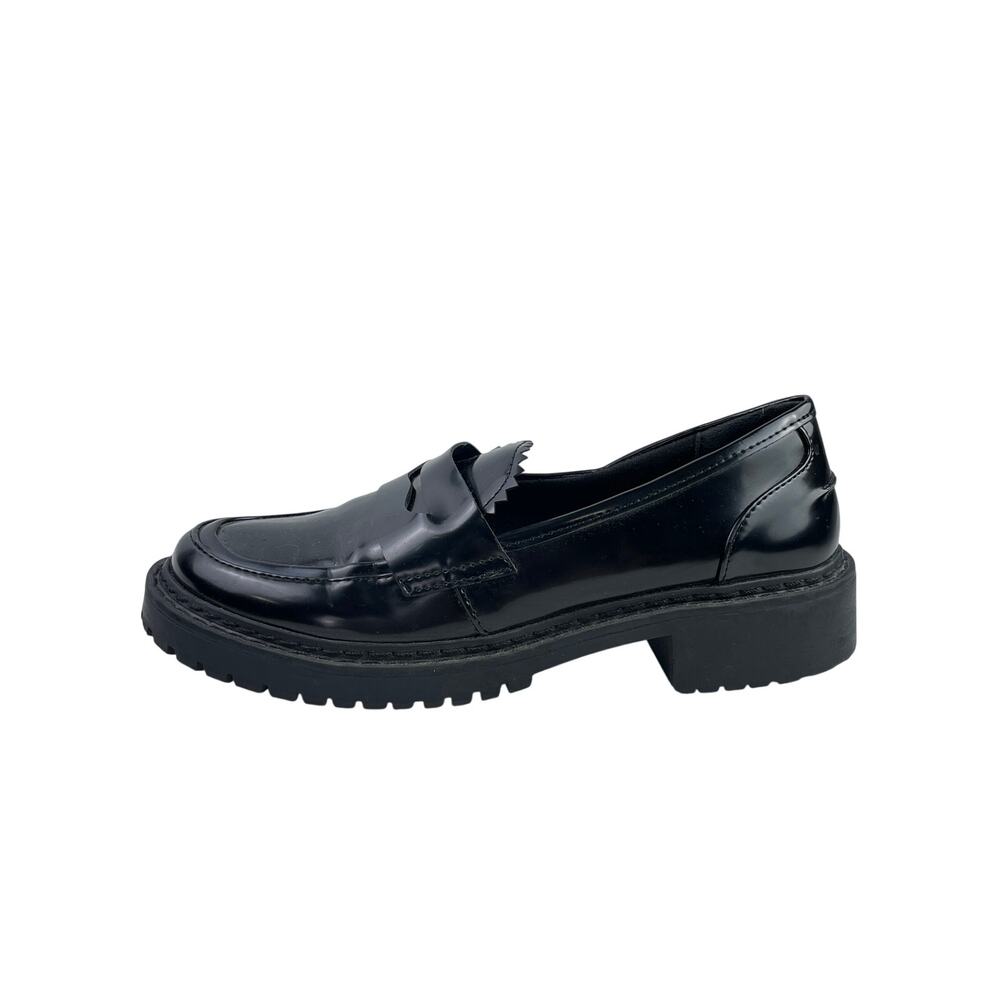 Shoedazzle Corena Women's Black Faux Leather Vegan Heel Loafer Shoes Size 7